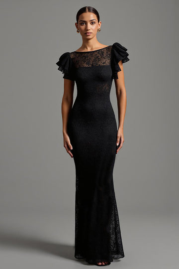 Lace Sheath Black Formal Dress with Ruffles